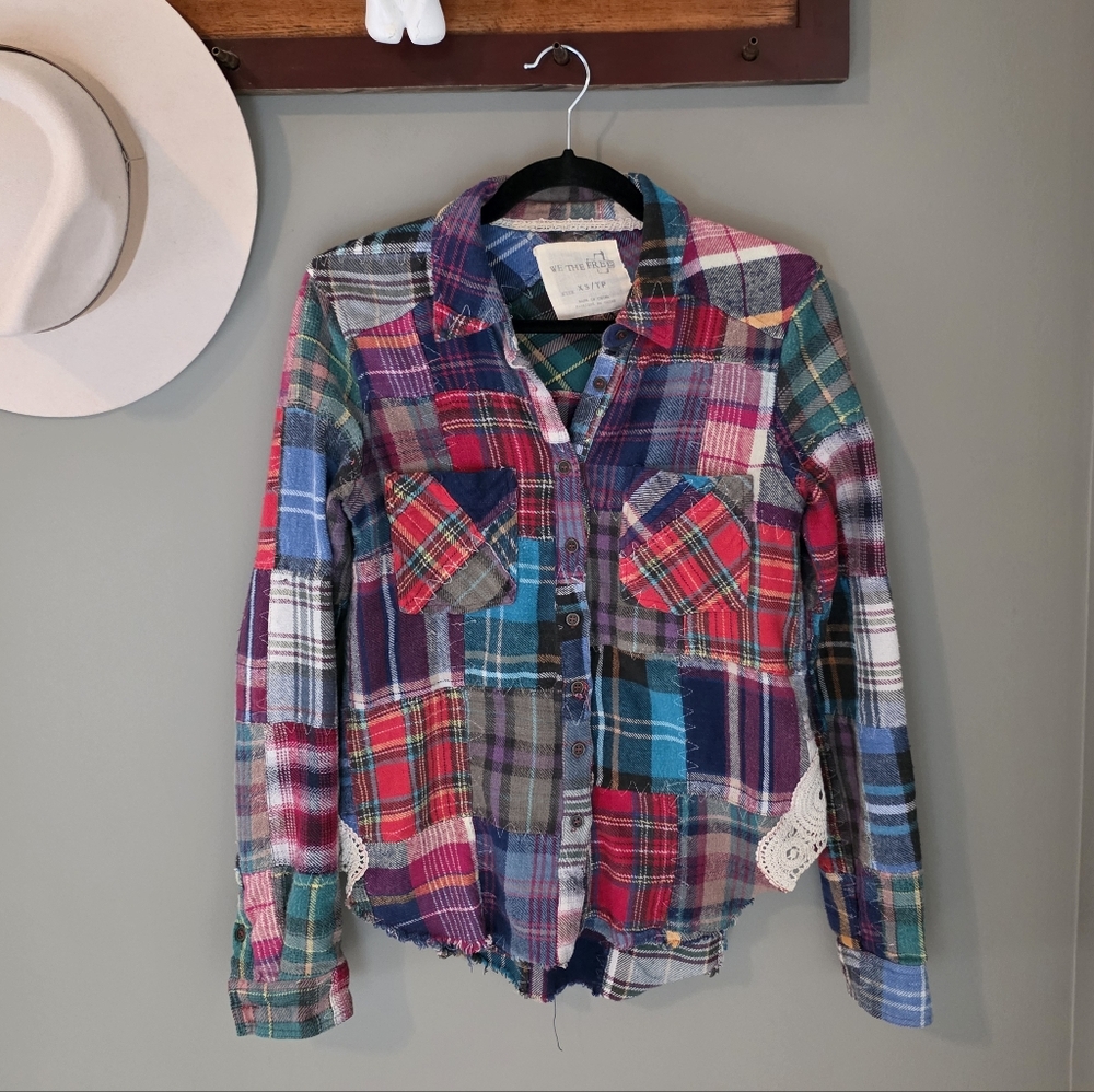 Free People We The Free Lost In Plaid Patchwork Flannel Top Size XS - Picture 2 of 13